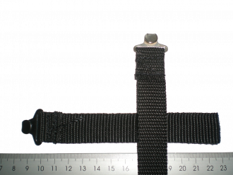 Lashing strap with sewed on metal hook